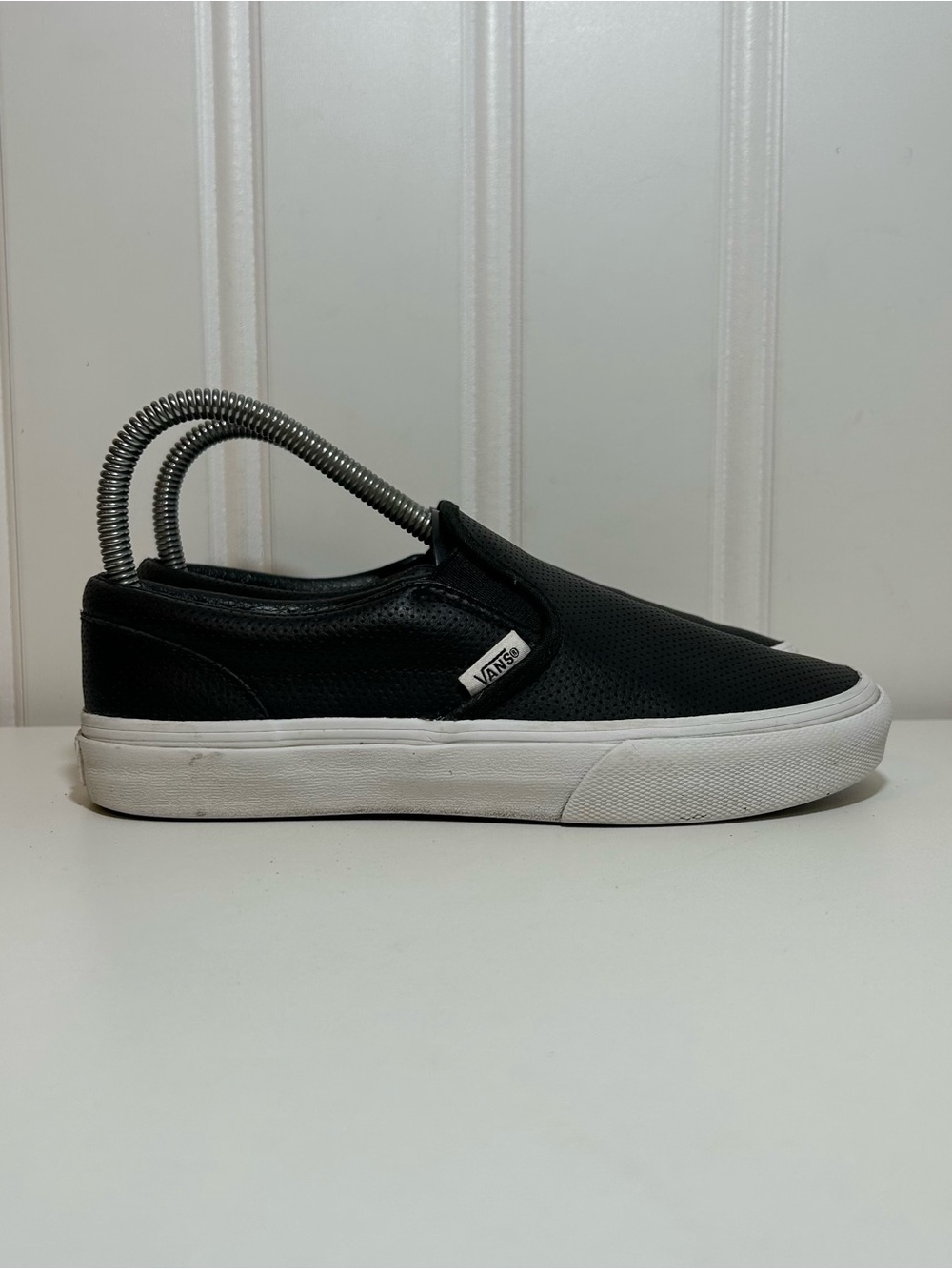 Vans Black Slip-On Perforated Leather Loafers with White Sole